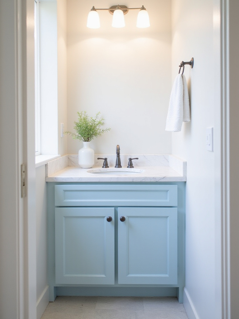 Small bathroom with light blue painted vanity cabinets