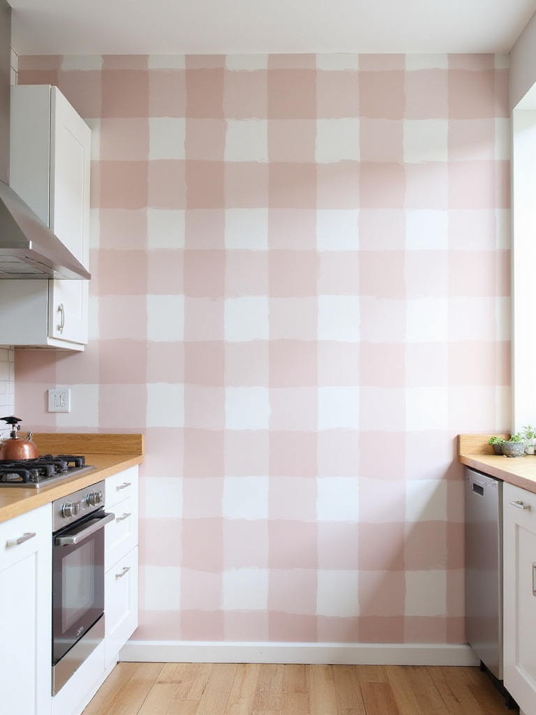 Modern kitchen with blush pink and grey checkered wallpaper accent wall.