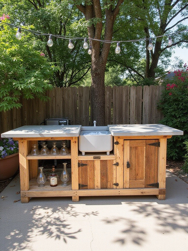 DIY outdoor bar made of reclaimed wood and concrete on a patio surrounded by greenery.