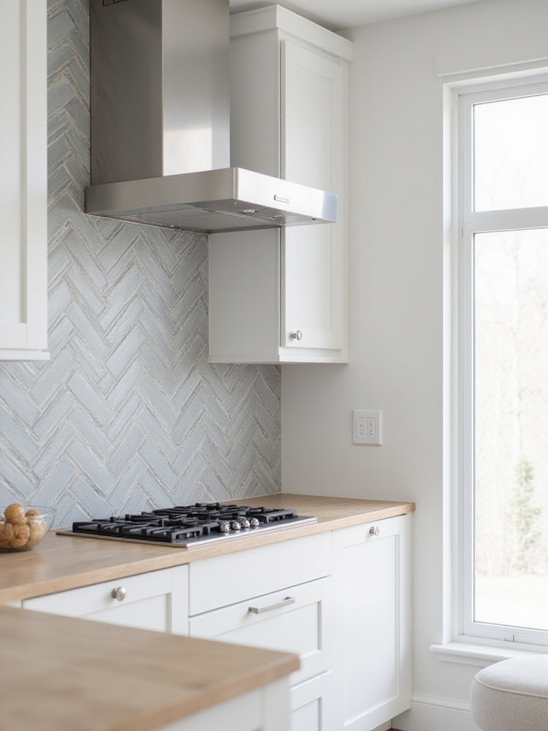 Modern kitchen backsplash with light gray ceramic chevron pattern