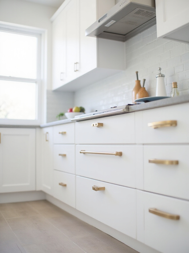 Modern kitchen with white shaker cabinets and brushed gold hardware
