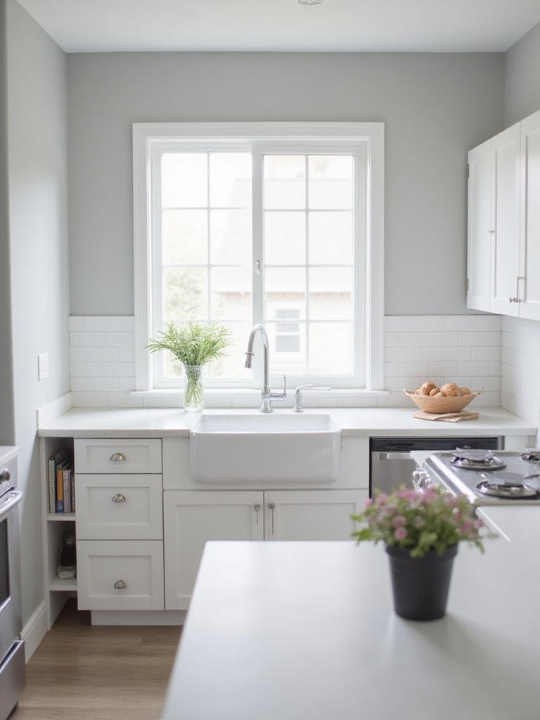 Bright and modern kitchen with light gray walls and white cabinets.
