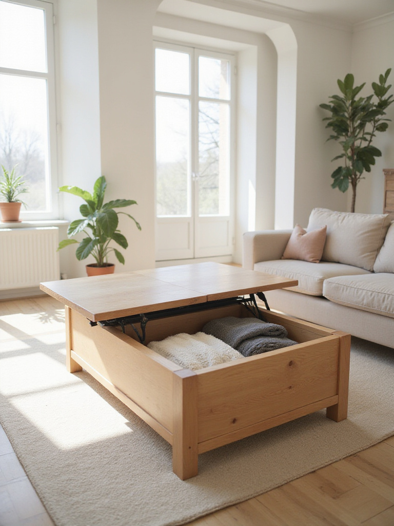 Living room featuring a multi-functional coffee table with hidden storage, promoting a clutter-free and serene space.