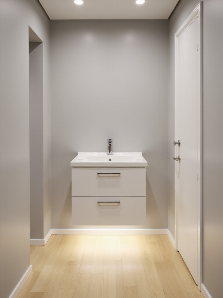Small bathroom with a white wall-mounted compact vanity and light gray walls.