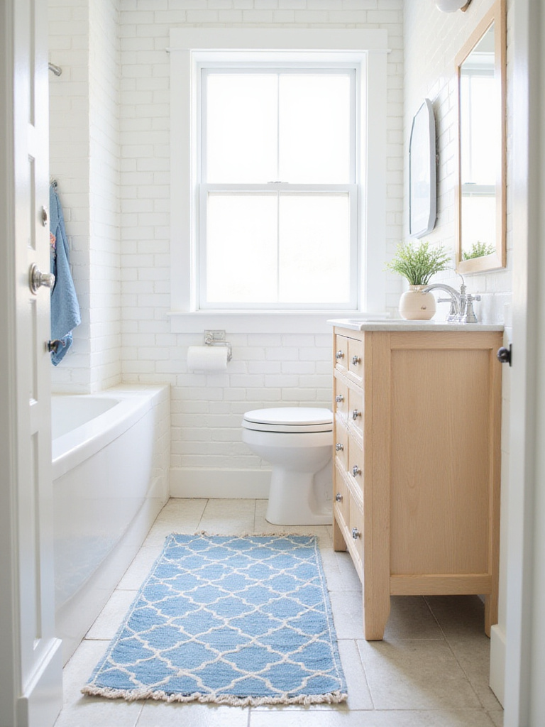 Small bathroom with white tiles, light wood vanity, and a blue and white geometric rug adding warmth and color.