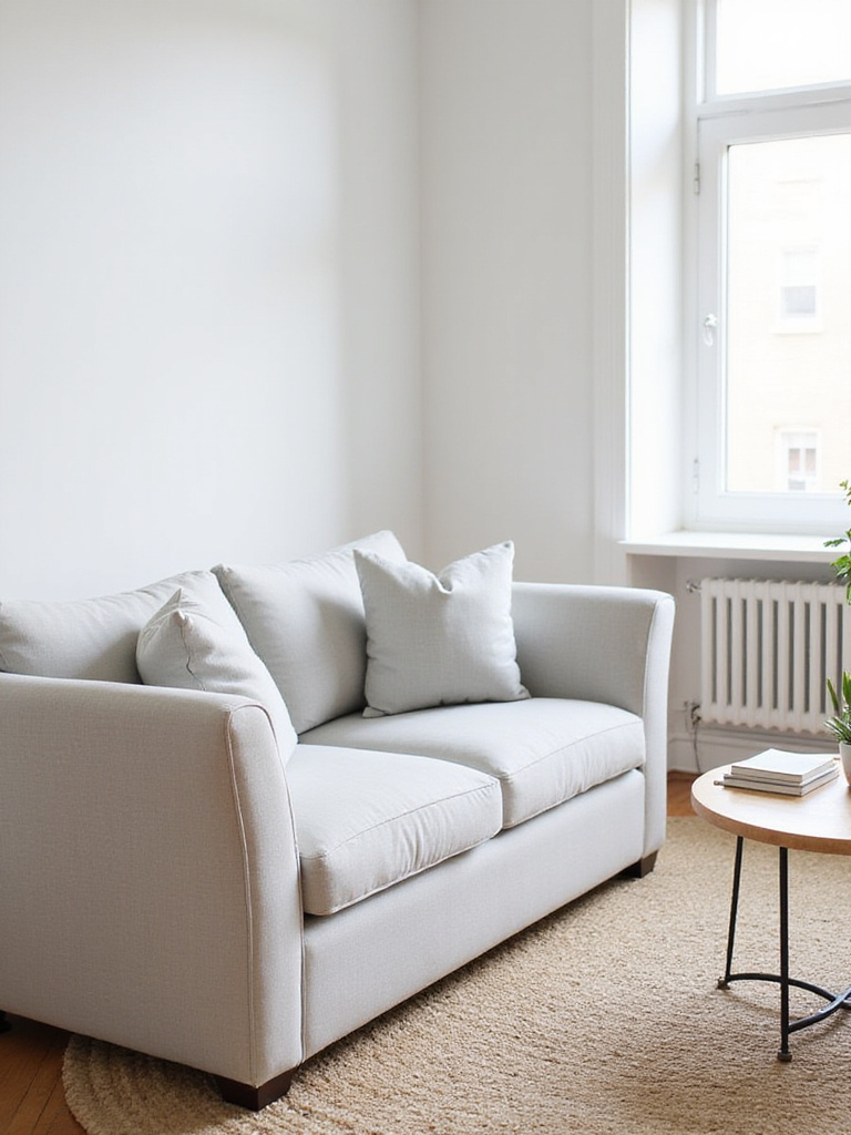 Small, functional coffee table in a serene living room.