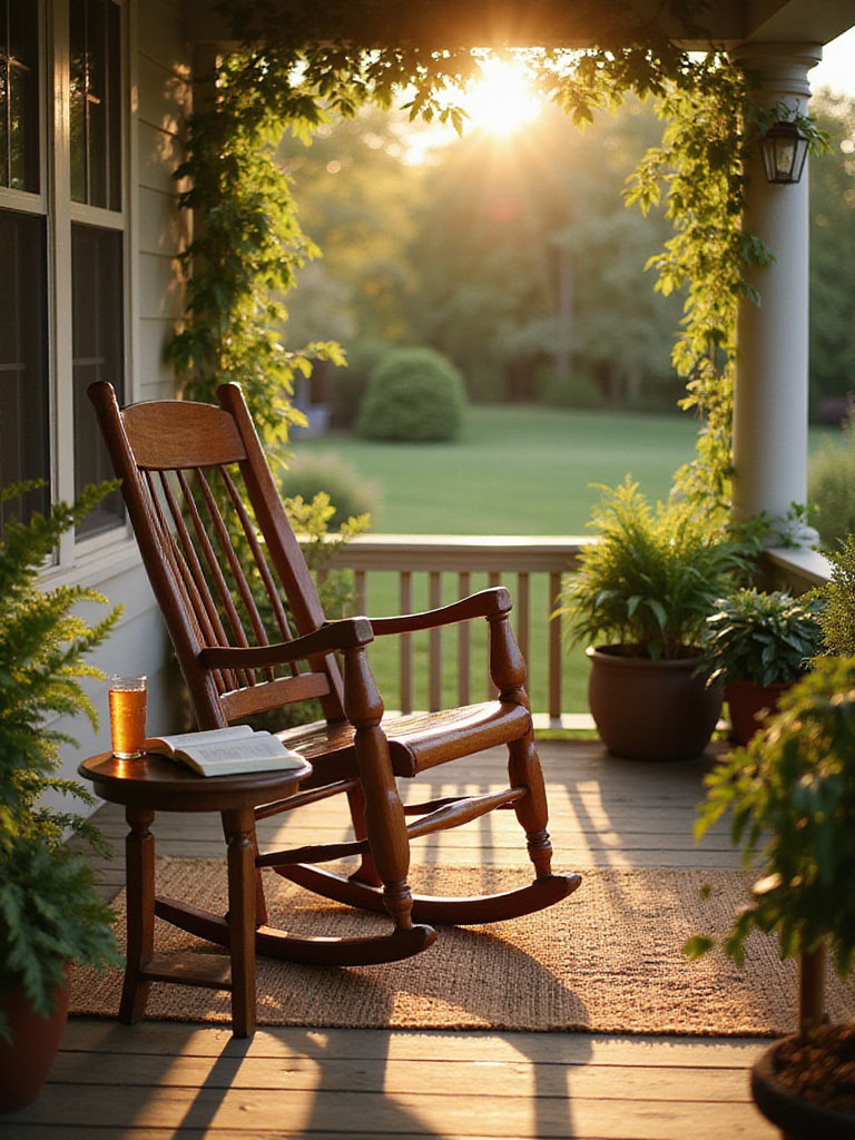 Classic wooden rocking chair on a cozy porch with iced tea and a book.