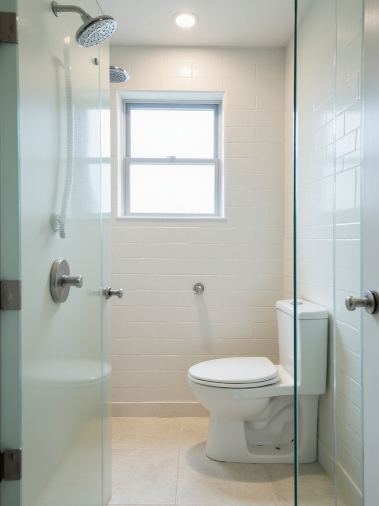 Small bathroom makeover with clear glass shower doors creating a spacious feel.