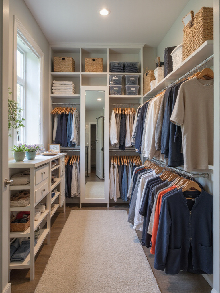 Professionally organized walk-in closet with color-coded clothing and clear storage bins