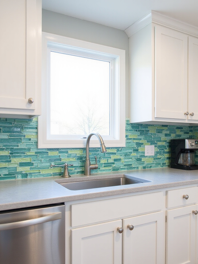 Modern kitchen with vibrant teal, turquoise, and lime green glass tile backsplash.