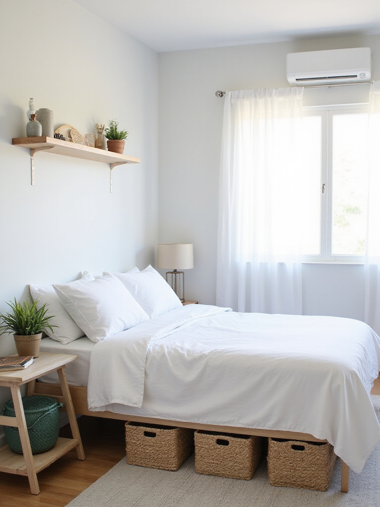 Serene and organized bedroom with minimalist decor and clutter-free surfaces.