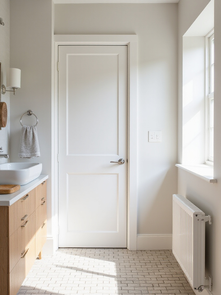 Small bathroom with a pocket door, maximizing space and creating a clean, modern aesthetic