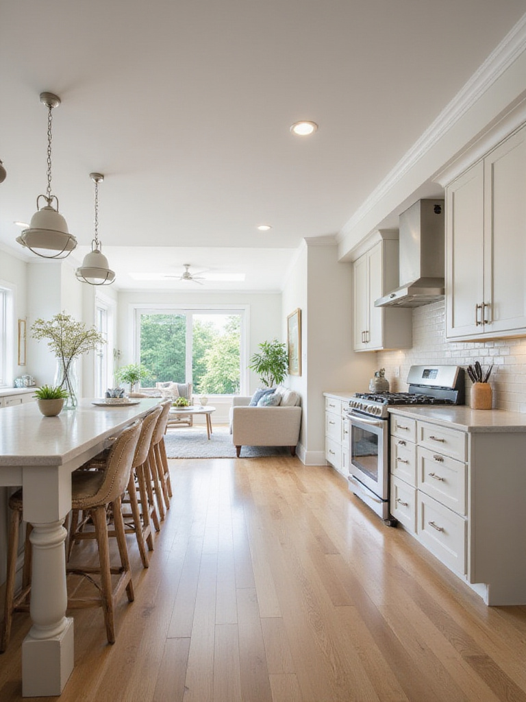 Open concept kitchen and living room with island seating