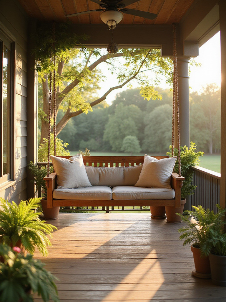 Cozy wooden porch swing with cushions and pillows on a covered porch.