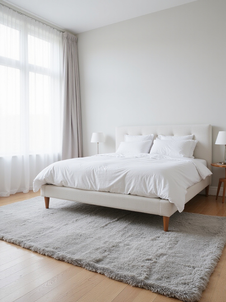 Modern bedroom with light gray rug under a king-sized bed.