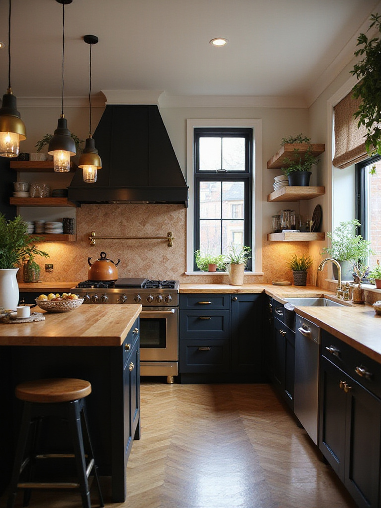 Black kitchen cabinets with warm wood countertops and brass hardware creating a cozy and chic atmosphere
