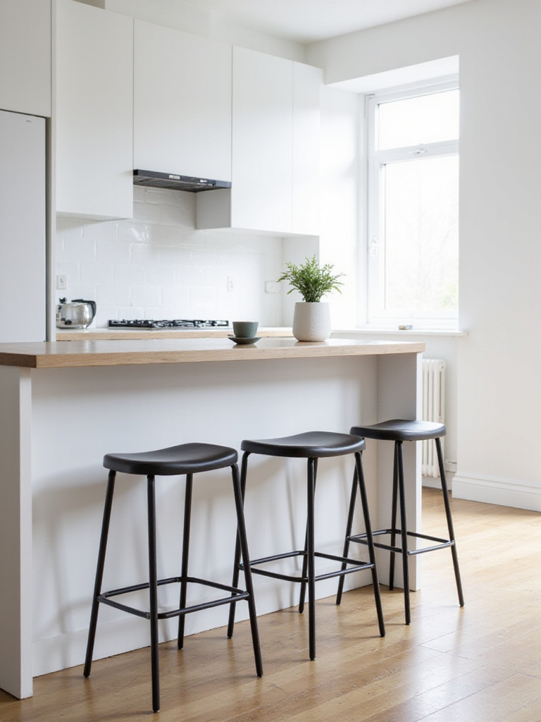 Modern apartment kitchen with a white counter and three sleek black counter height bar stools, creating a casual dining spot.