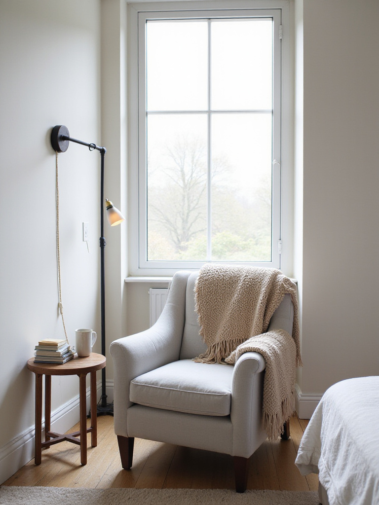 Cozy bedroom corner with armchair, side table, and floor lamp for relaxation.