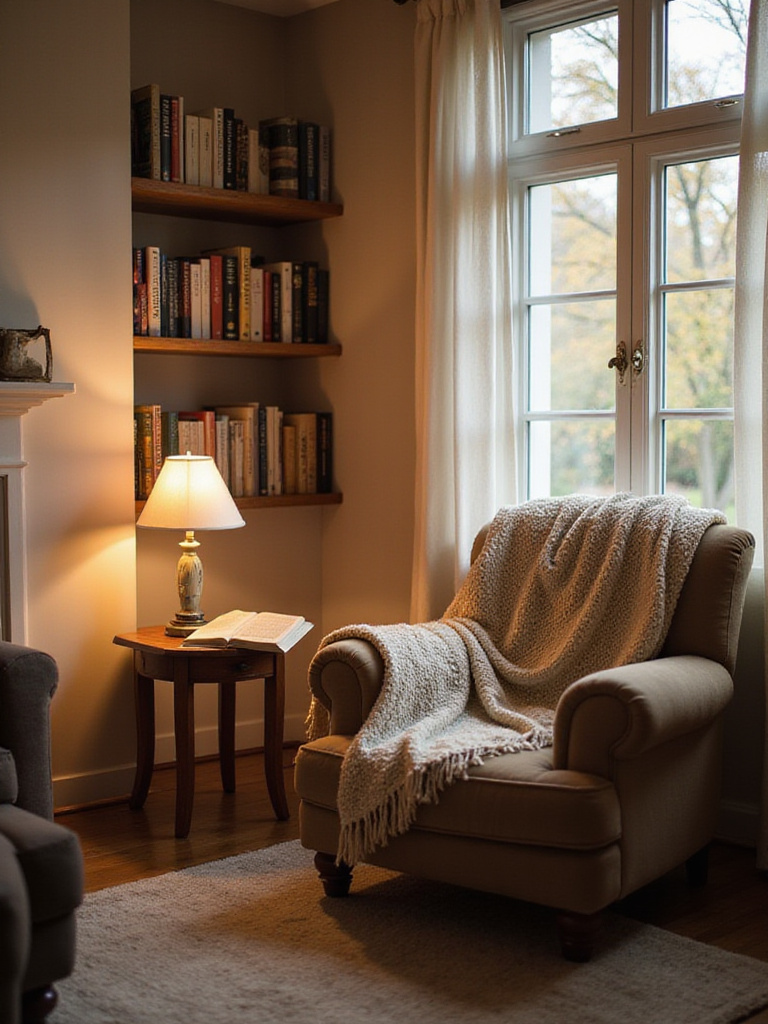 Cozy living room reading nook with armchair, lamp, and bookshelf