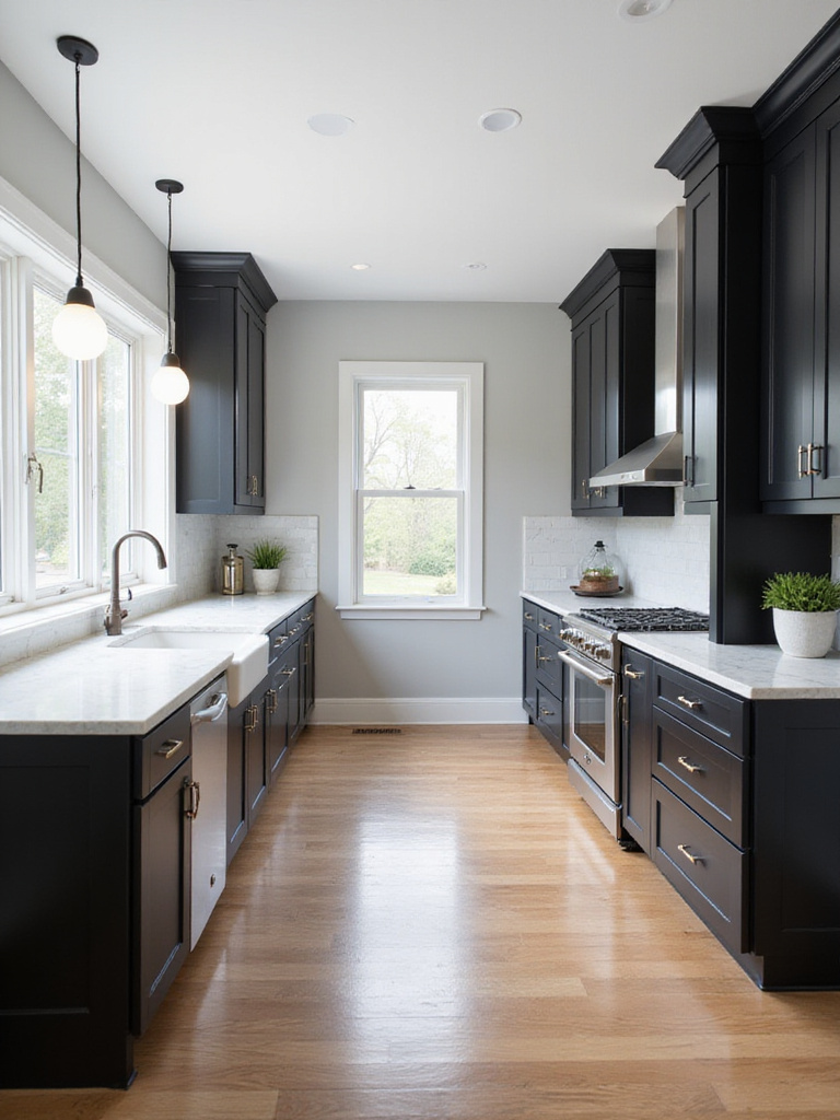 Modern kitchen featuring black shaker cabinets and white quartz countertops.
