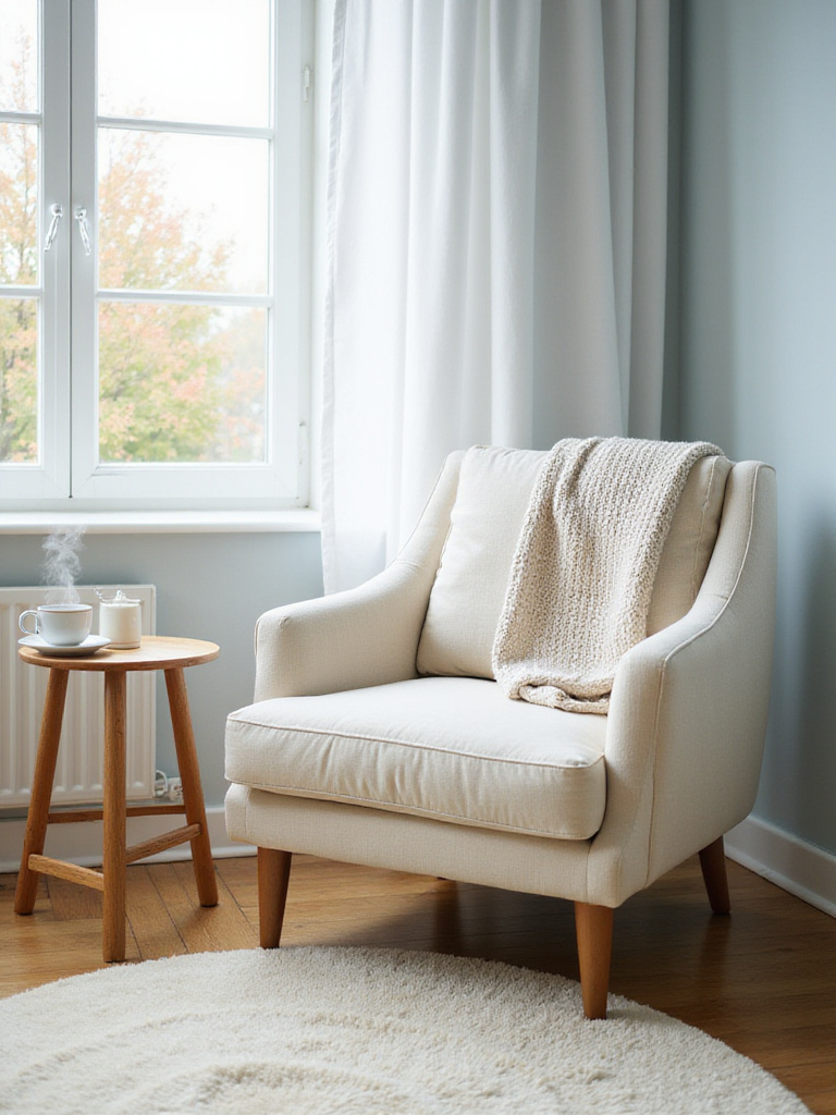 Cozy bedroom with cream armchair, throw blanket, and side table by window