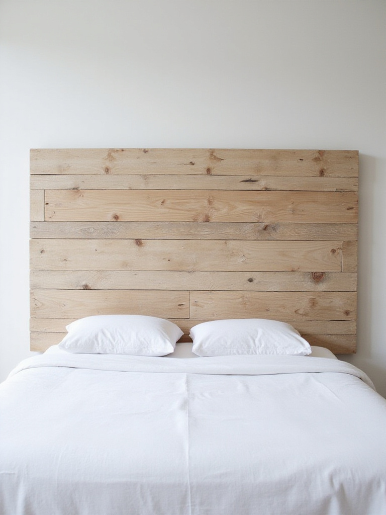 DIY reclaimed wood headboard in a minimalist bedroom.