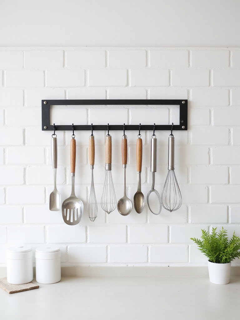Stylish black wall-mounted utensil rack installed on a white subway tile backsplash in a modern apartment kitchen, showcasing neatly hung utensils above a clean, decluttered countertop.