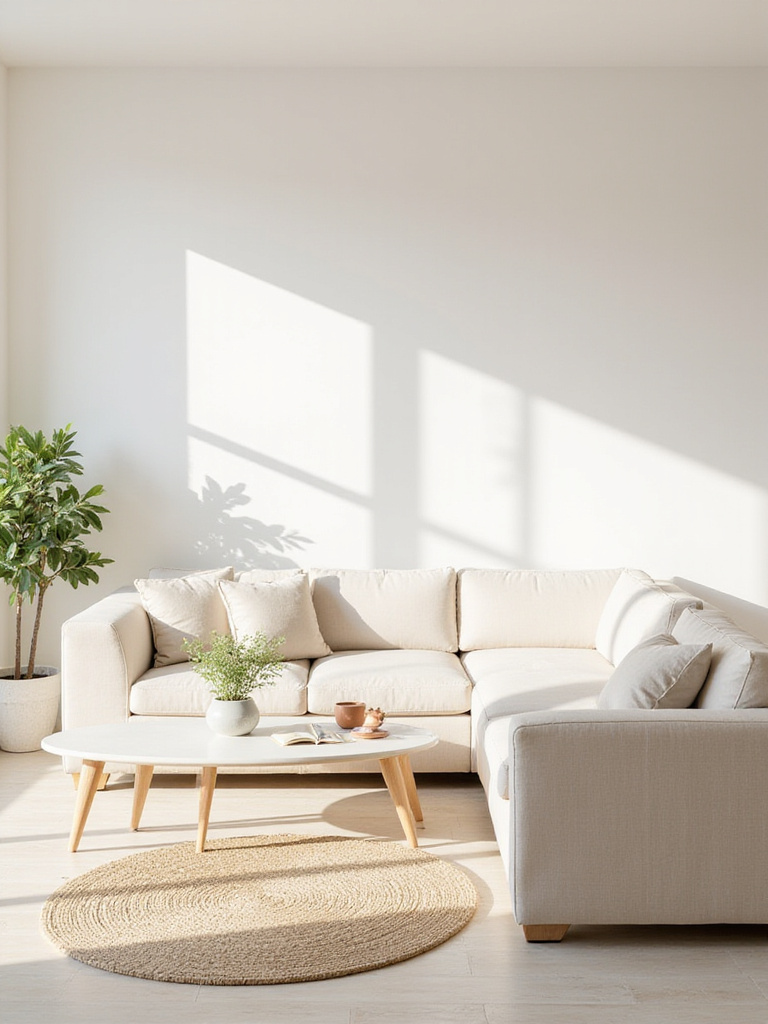 Serene living room with minimalist decor, promoting calm and relaxation through decluttering.