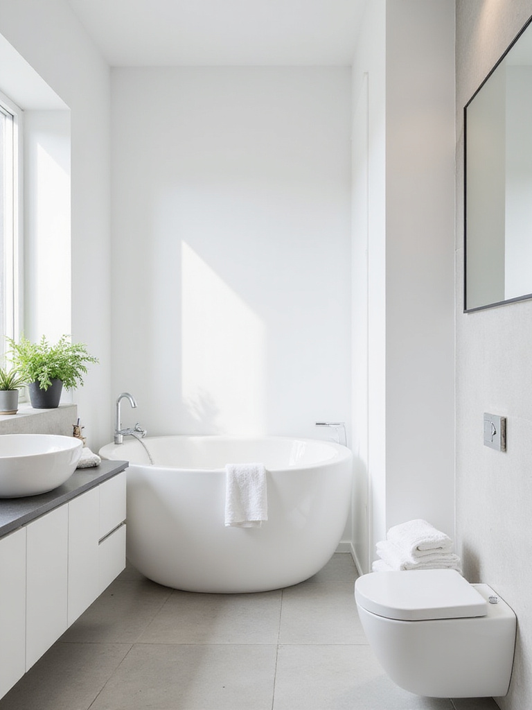 Minimalist small bathroom design with uncluttered surfaces and light colors, maximizing space and creating a calm atmosphere.