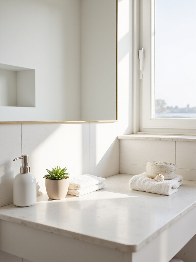 Calm and decluttered bathroom countertop with minimal accessories.