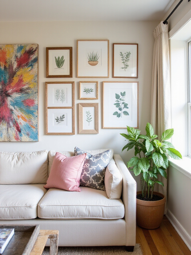 A living room wall decorated with a budget-friendly gallery wall featuring mixed frames and prints, alongside a large DIY abstract painting above a sofa.