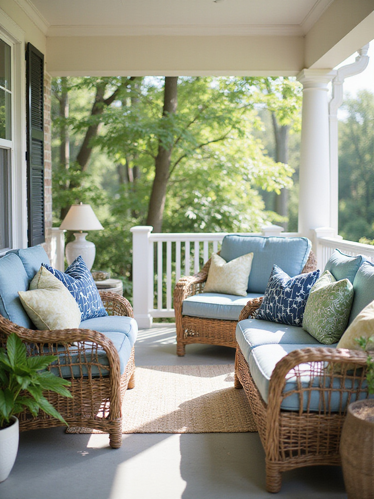Decorative throw pillows on a wicker porch set creating a comfortable and stylish outdoor space.