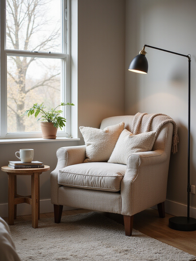 Modern bedroom reading nook with comfortable armchair, side table, and warm lighting