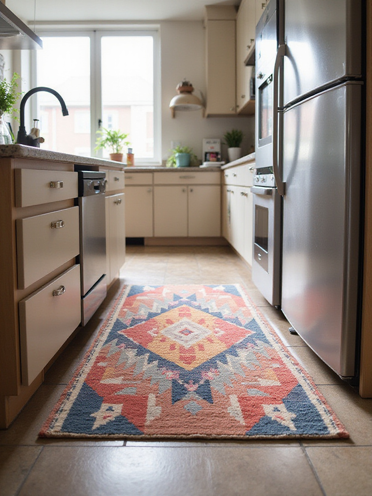 A colorful geometric rug placed on the floor in front of the kitchen counter, defining the workspace in a bright apartment kitchen.