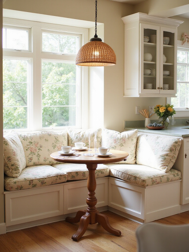 Cozy breakfast nook with banquette seating and natural light in a modern kitchen