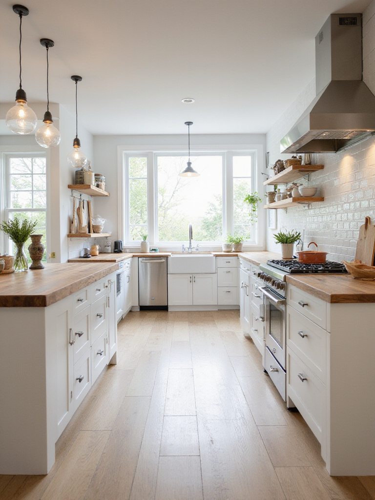 Functional modern kitchen with dedicated zones for food preparation, cooking, and cleaning.