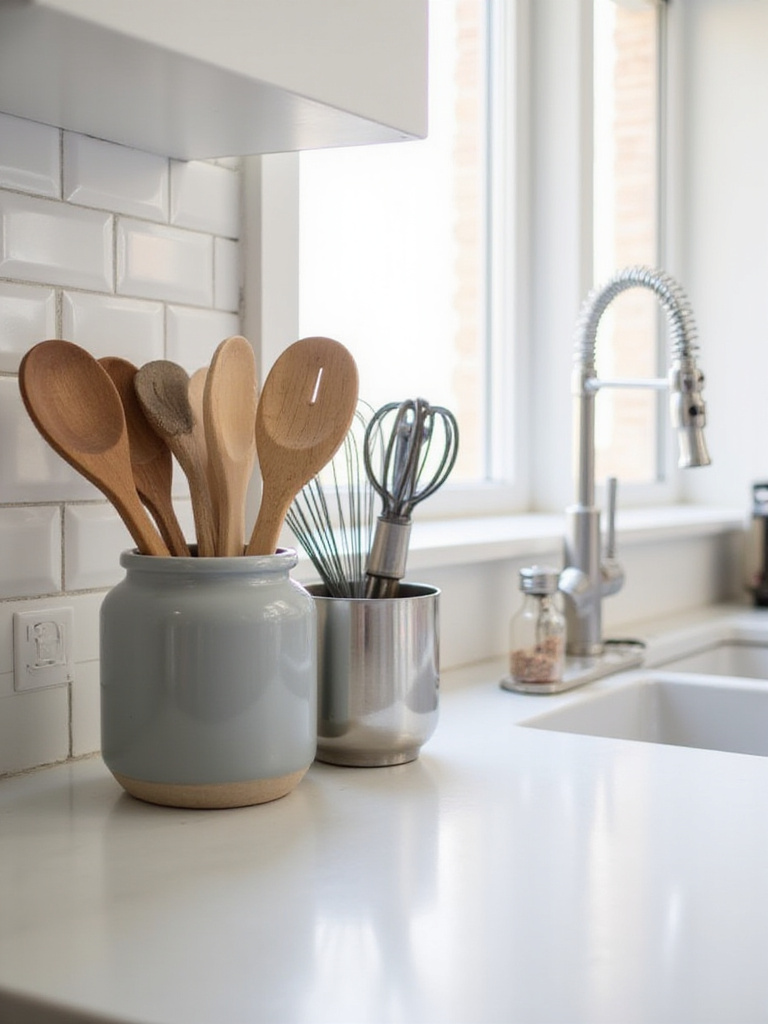 Stylish apartment kitchen counter with decorative ceramic and metal holders displaying wooden spoons, spatulas, whisks, and tongs, set against a subway tile backsplash, illustrating functional kitchen organization and decor.