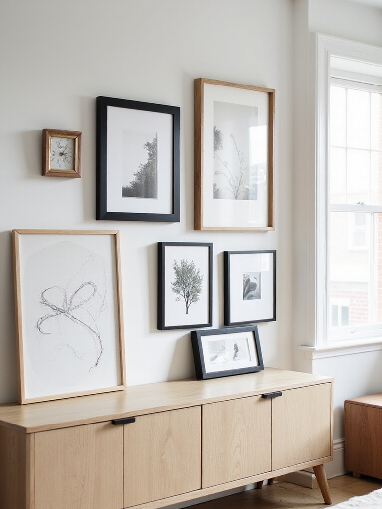 Stylish living room wall featuring a curated gallery wall of framed prints and posters in various frames, and a large framed print leaning on a credenza.