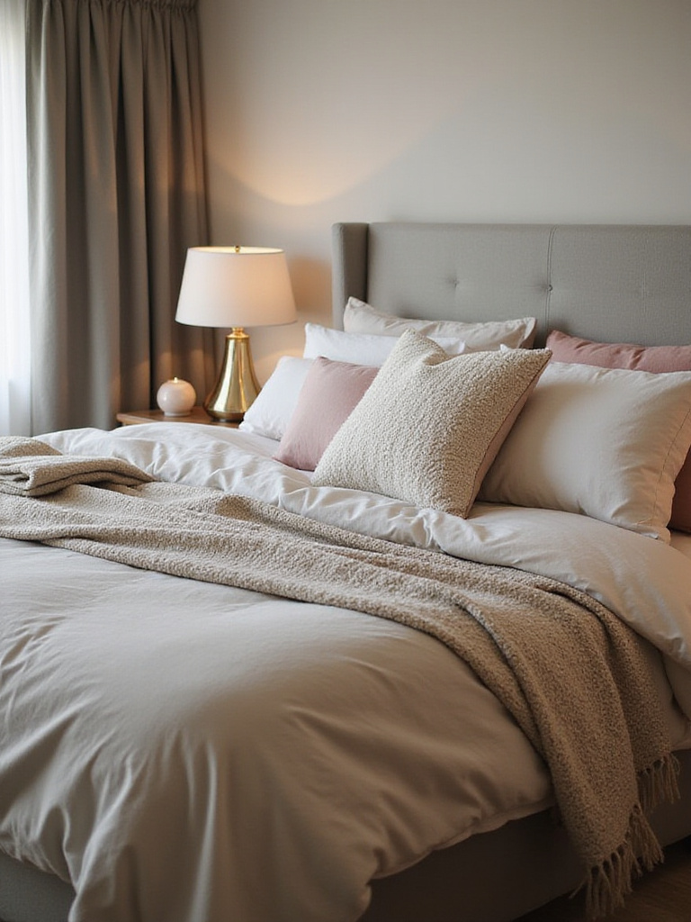 Luxurious layered bedding with plush duvet, textured pillows, and soft throw blanket in a serene bedroom setting.