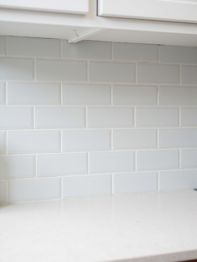 Modern kitchen backsplash with light gray subway tiles and near-white grout.