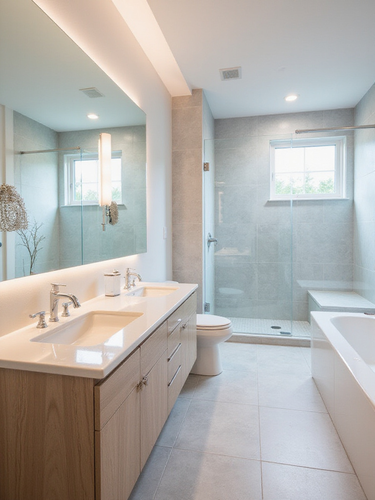 Contemporary bathroom with light wood double vanity and white quartz countertop