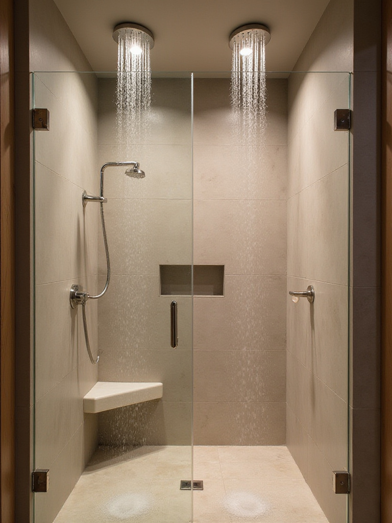 Luxurious bathroom shower with dual rainfall shower heads and glass enclosure.