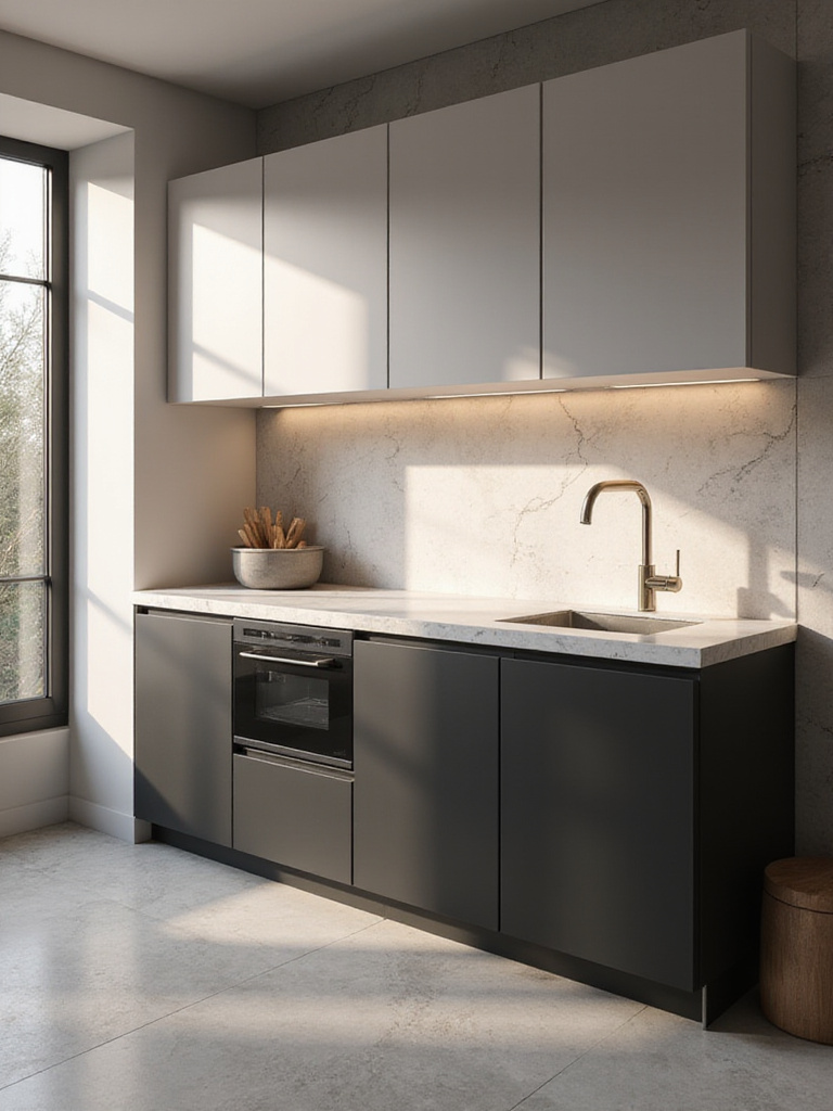 Modern kitchen with matte black lower cabinets and light gray upper cabinets showcasing dramatic depth