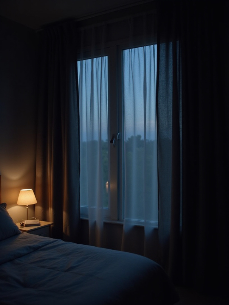Cozy bedroom with dark gray blackout curtains blocking light