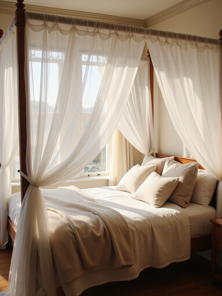 Cozy bedroom with a dreamy white canopy bed.