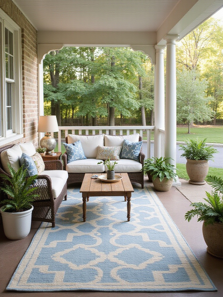 Cozy porch with blue and beige geometric patterned outdoor rug defining the seating area.