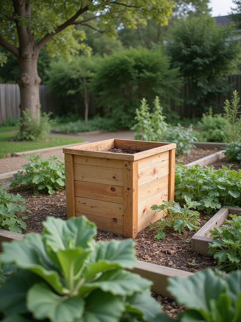 Wooden compost bin in a flourishing backyard vegetable garden.