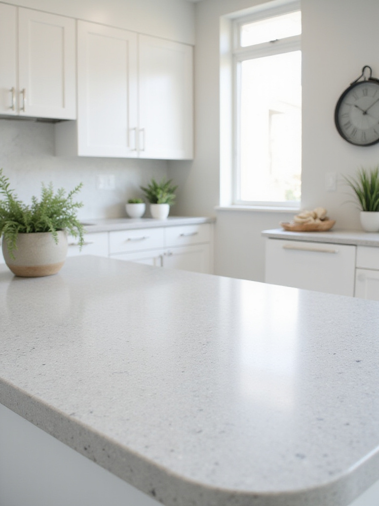Modern kitchen featuring light grey quartz countertops with waterfall edge island.