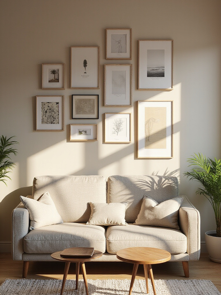 A stylish living room with a gallery wall displayed above a modern sofa.