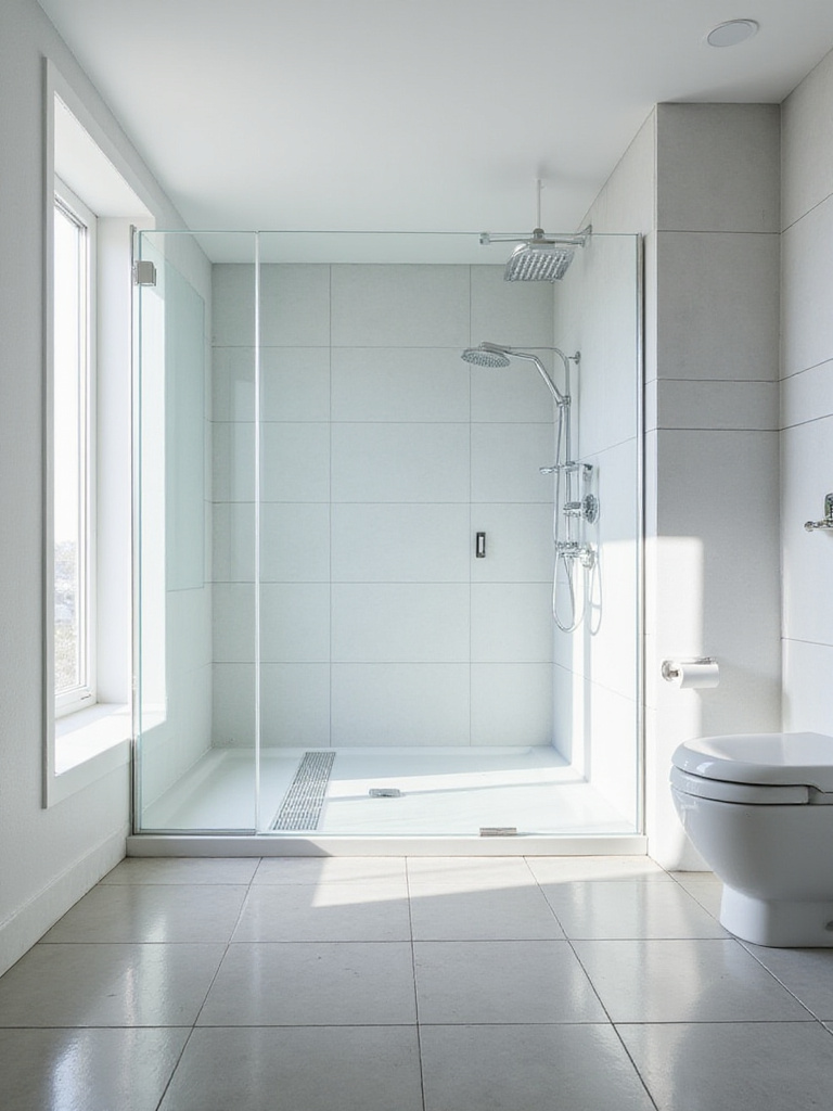 Modern minimalist bathroom with a walk-in shower featuring frameless glass enclosure and linear drain.